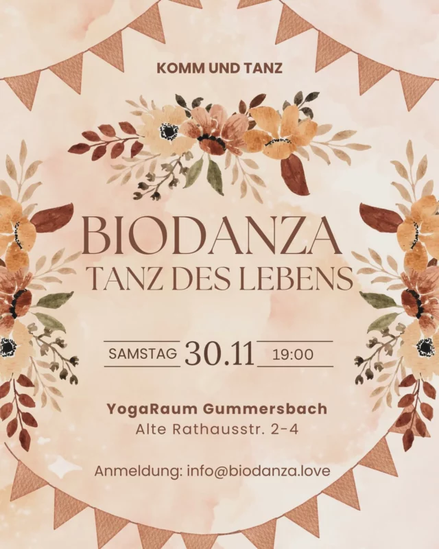 ✨ Biodanza-Tanzabend im YogaRaum Gummersbach am 30.11.24 19 Uhr ✨

Tauche ein in die pure Lebensfreude und wohltuende Gemeinschaft! An vier Abenden laden wir dich ein, raus aus dem Kopf und rein ins Erleben zu kommen. Erlebe, wie es sich anfühlt, im Hier und Jetzt zu tanzen, als ob niemand zusieht – ganz ohne Vorkenntnisse, einfach so, wie du bist und was du fühlst.

In den wunderschönen Räumlichkeiten des YogaRaum Gummersbach erwartet dich eine Atmosphäre voller Inspiration, getragen von toller Musik mit sattem Klang und einer liebevollen Anleitung. Hier lernst du inspirierende neue Menschen kennen und kannst dich im Tanz frei entfalten – barfuß, beseelt und in natürlicher Ekstase, ganz ohne Drogen.

Lass dich durch den Abend tragen und gehe gelöst und mit einem Lächeln nach Hause. Diese Tanzabende sind deine Chance, tiefer in dich selbst einzutauchen und das Leben in seiner ganzen Fülle zu spüren.

Komm vorbei, erlebe und genieße! 💃✨#biodanza #gummeesbach#lebensfreude #oberberg #tanzen